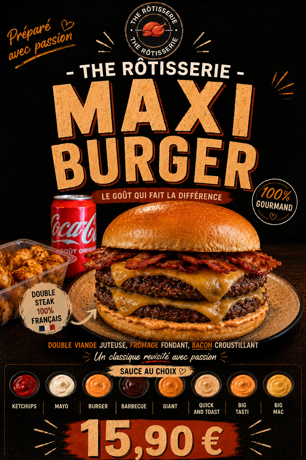 Menu Burger 2 steaks + pomme de terre rôti + boisson au choix