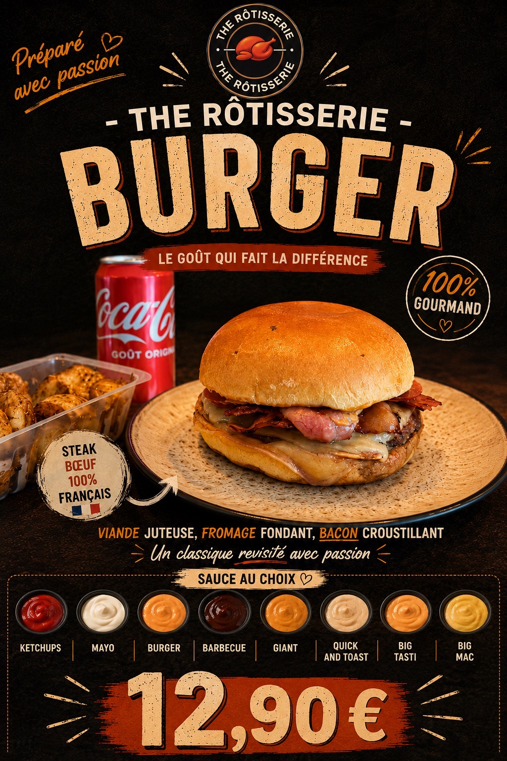 Menu burger 1 steak + pomme de terre rôti + 1 soda