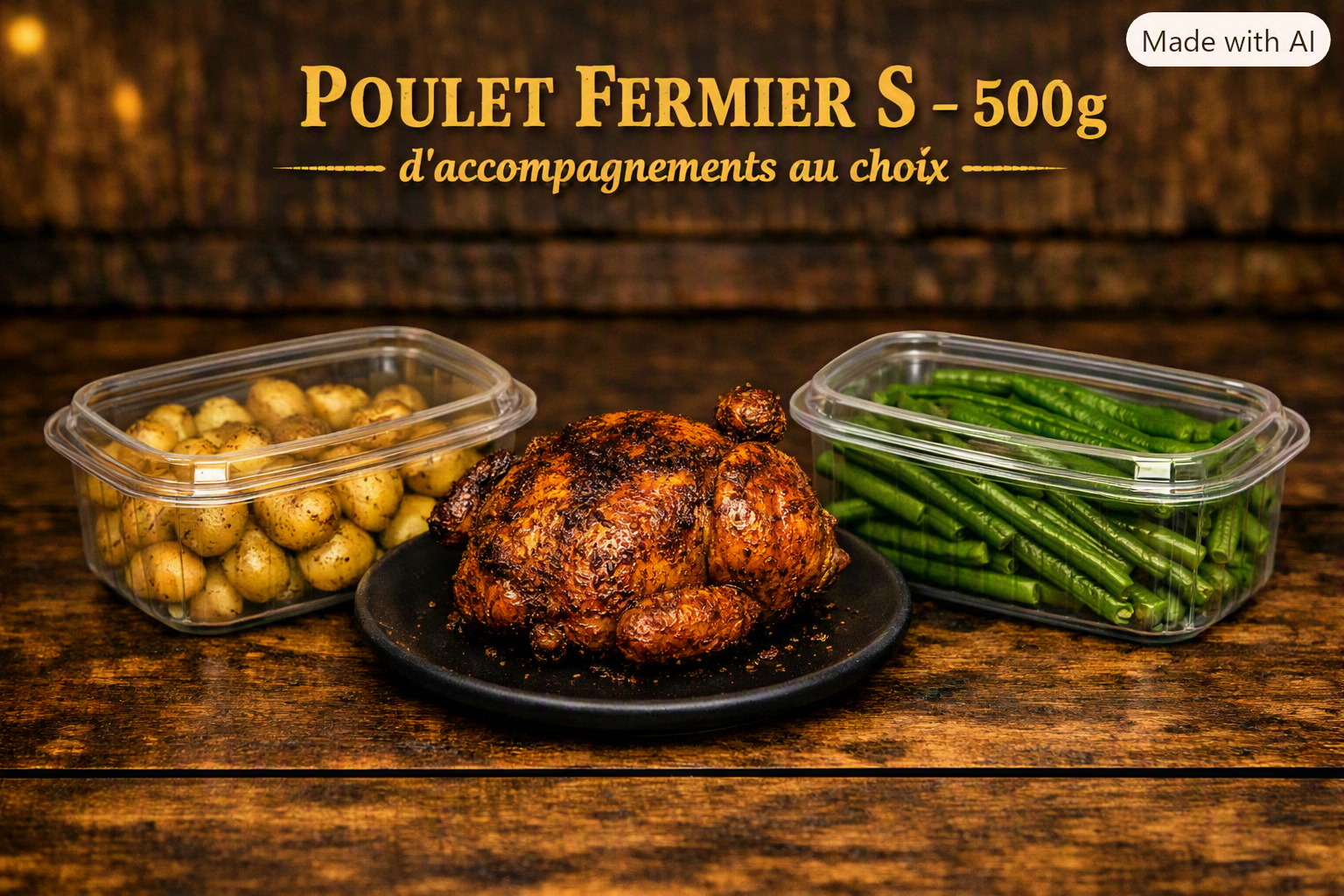 Formule poulet Fermier S + pomme de terre rôti ou haricots vert au choix