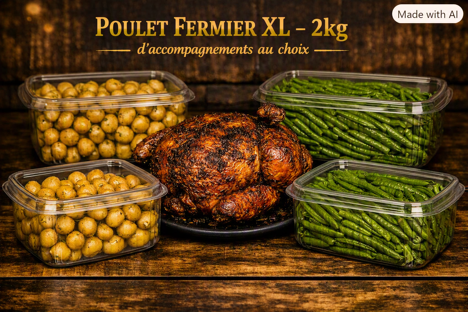 Poulet Fermierxl une petite barquette pomme de terre rôti ou haricots vert