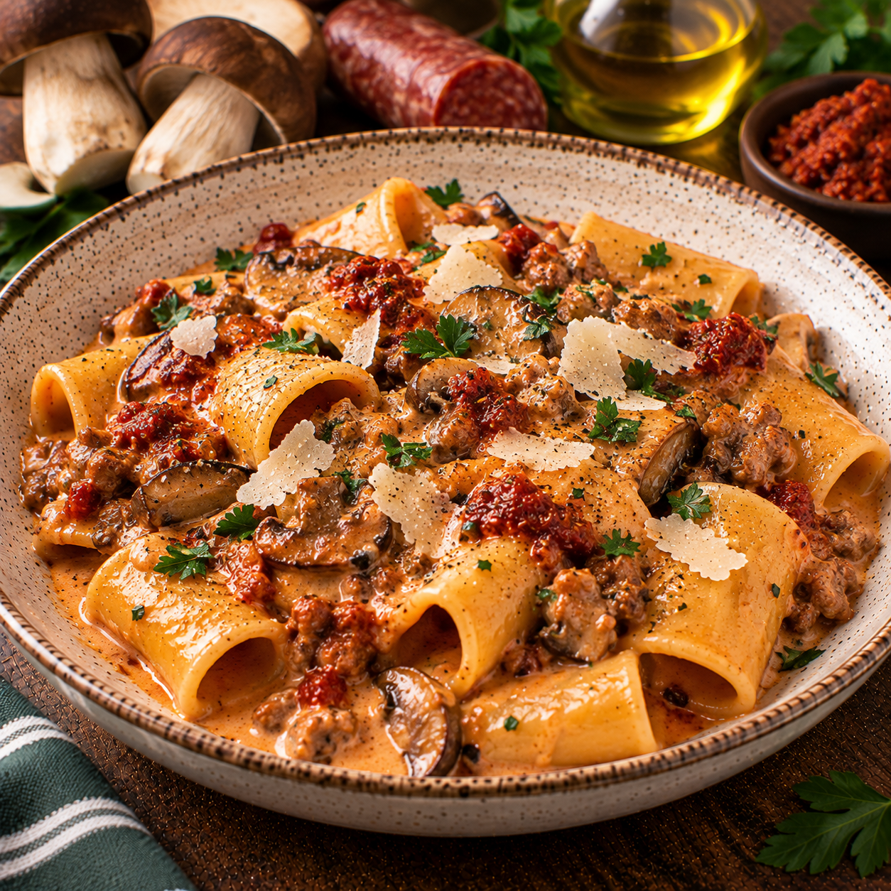 Paccheri salsiccia, bolets et n’duja