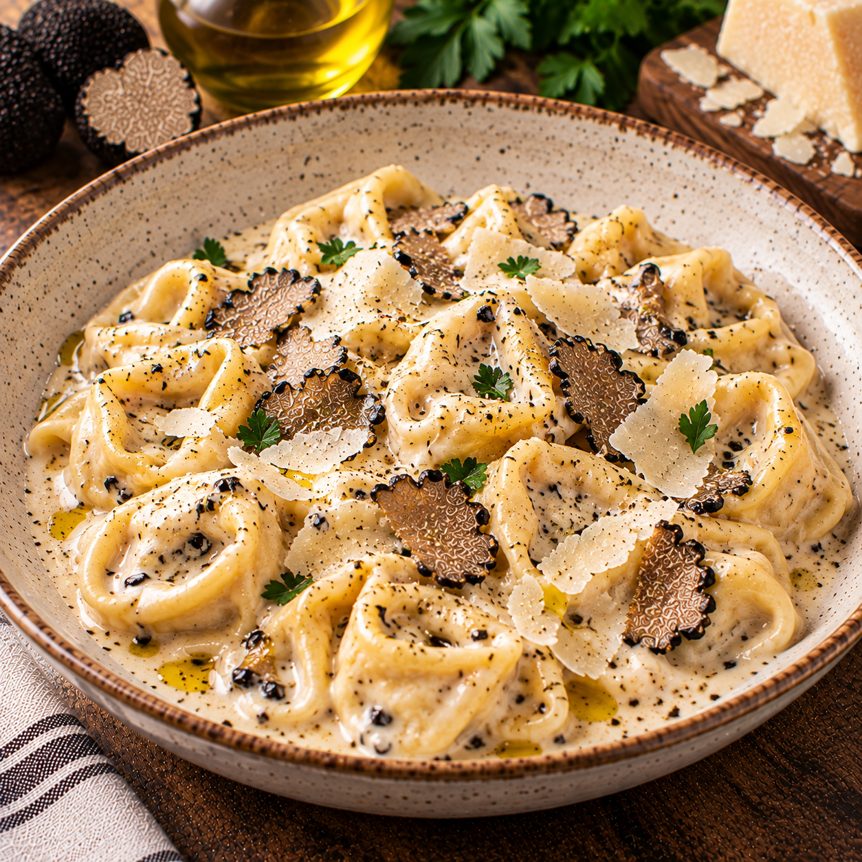Tortellini à la crème et huile aromatisée à la truffe