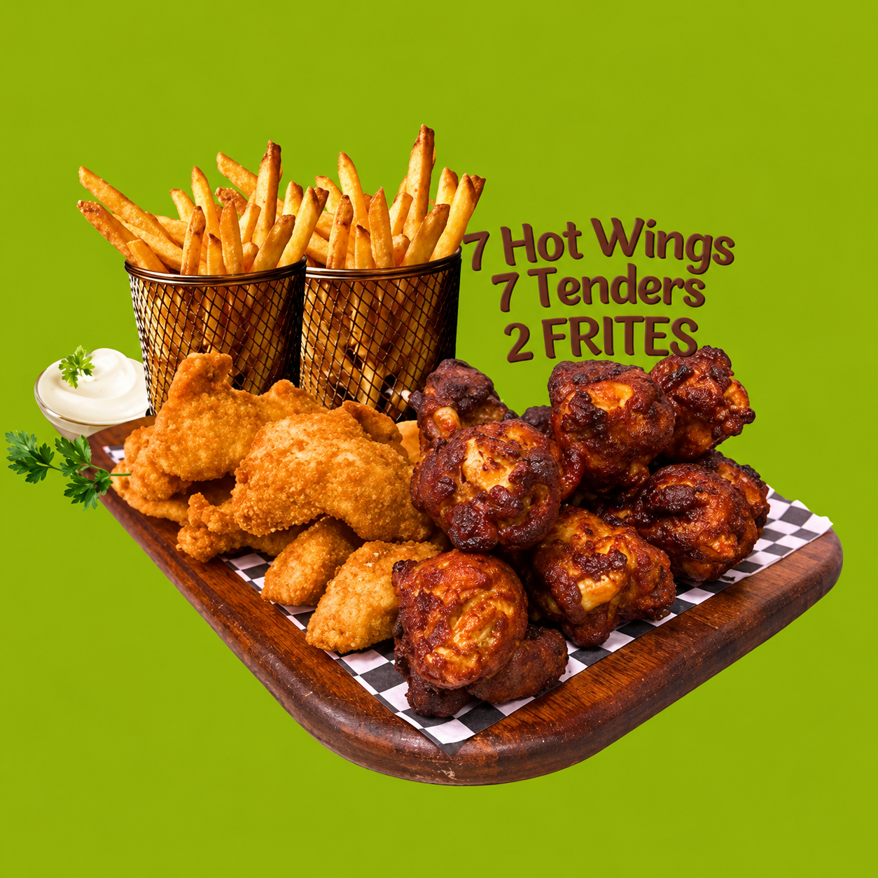 7 Tenders + 7 Hot Wings + 2 Frites